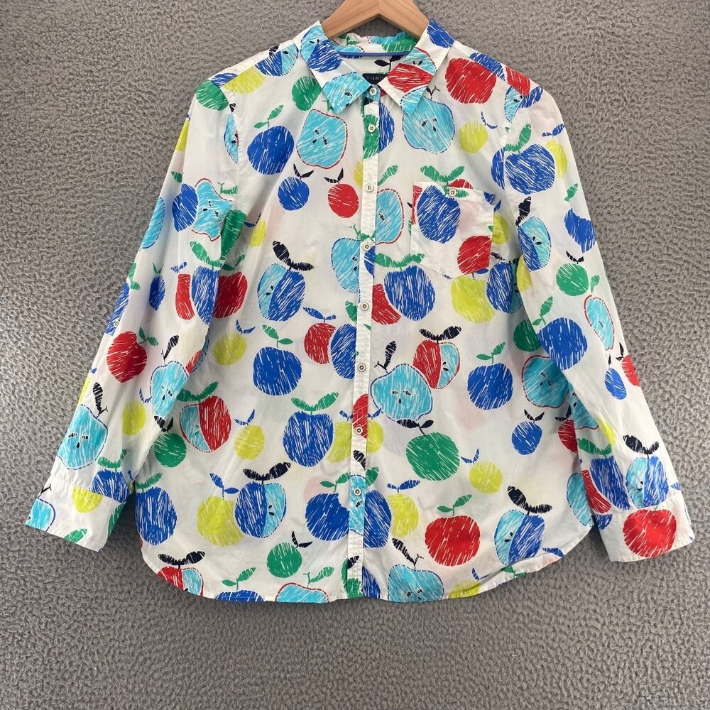 Talbots Shirt Womens Extra Large White Multi Apple Print Button Roll Tab Sleeve